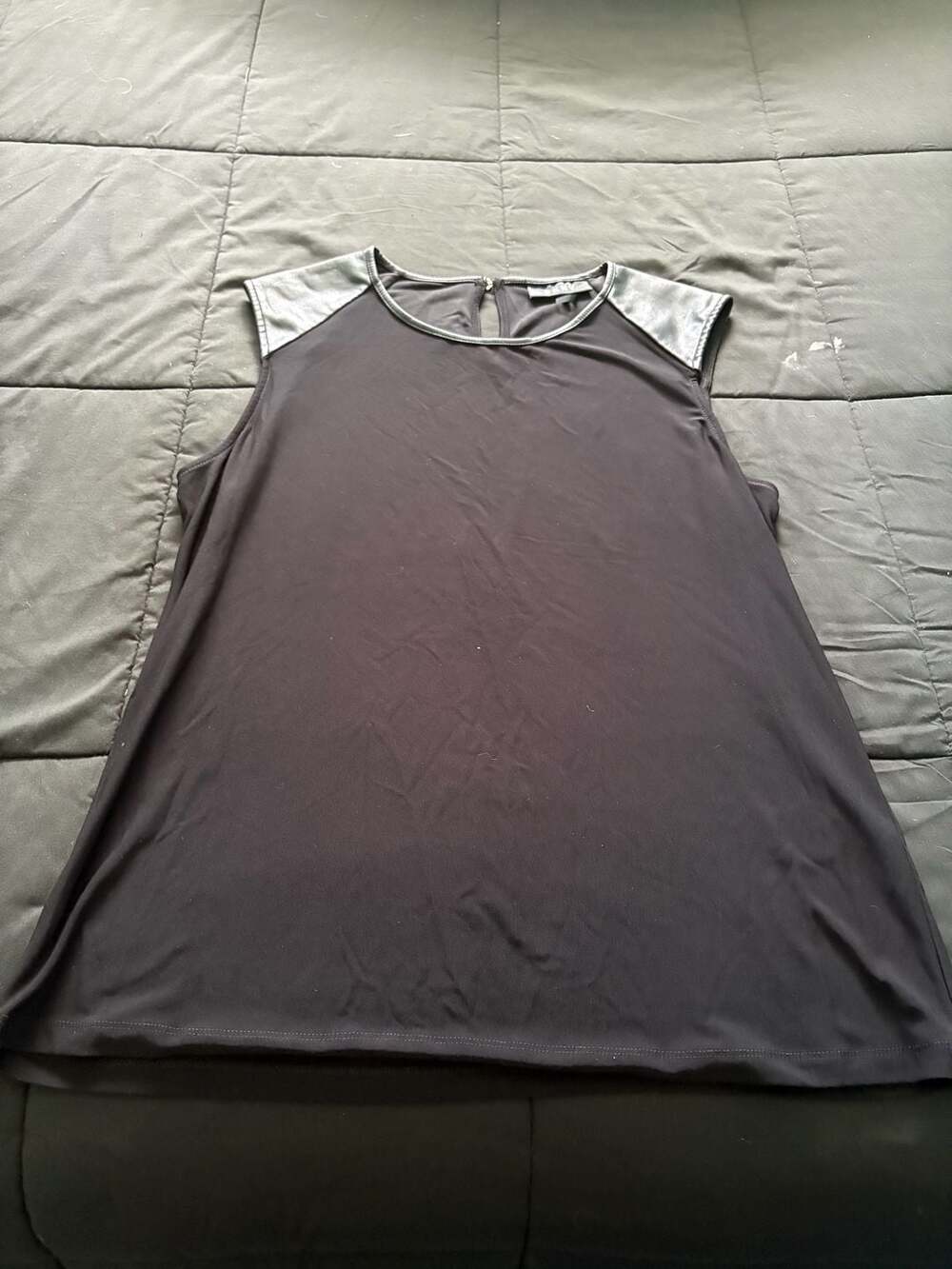DKNY Black Sleeveless Top with Faux Leather Shoulders and Keyhole Back